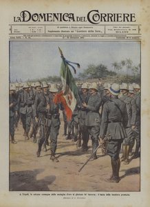 In Tripoli, de plechtige overhandiging van de gouden medaille aan de glorieuze 84e infanterie, de kus van de bekroonde vlag